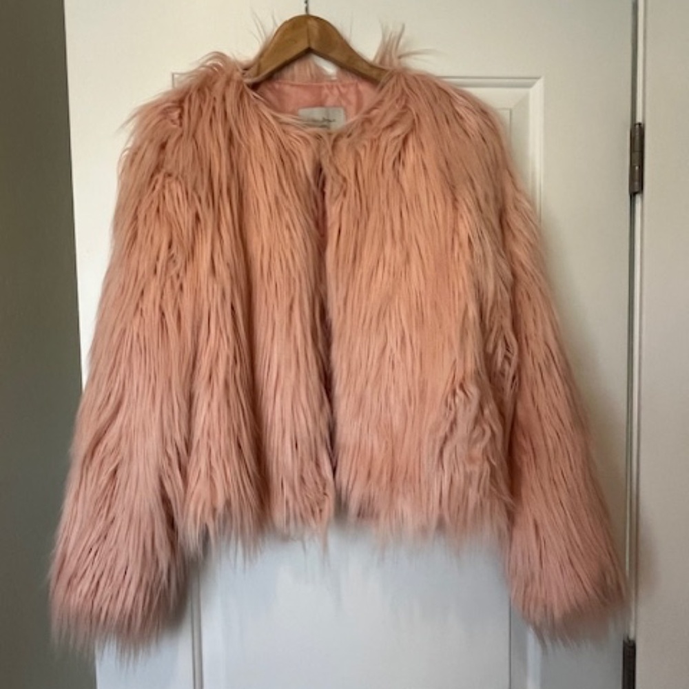 Lilac Dream Pink Shaggy Faux Fur Jacket Sz L Glam Dramatic Edgy